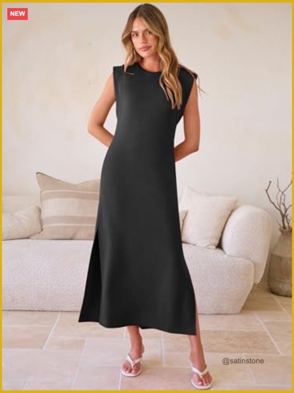 Women's Sleeveless Maxi Dress Crewneck Side Slit Wrinkle-Free Beach Vacation - Picture 3 of 7